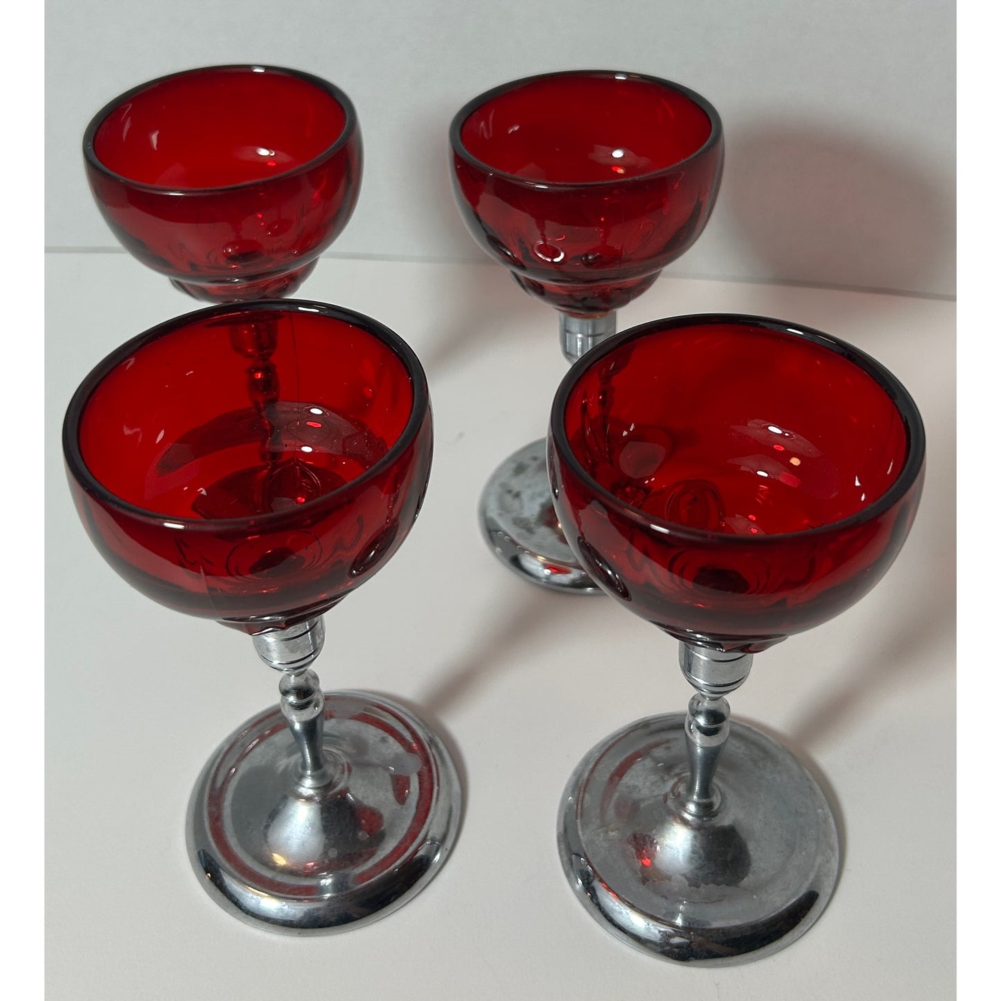Vintage Ruby Red Cordial Glasses with Silver Metal Stems – Set of 4, 5.25"