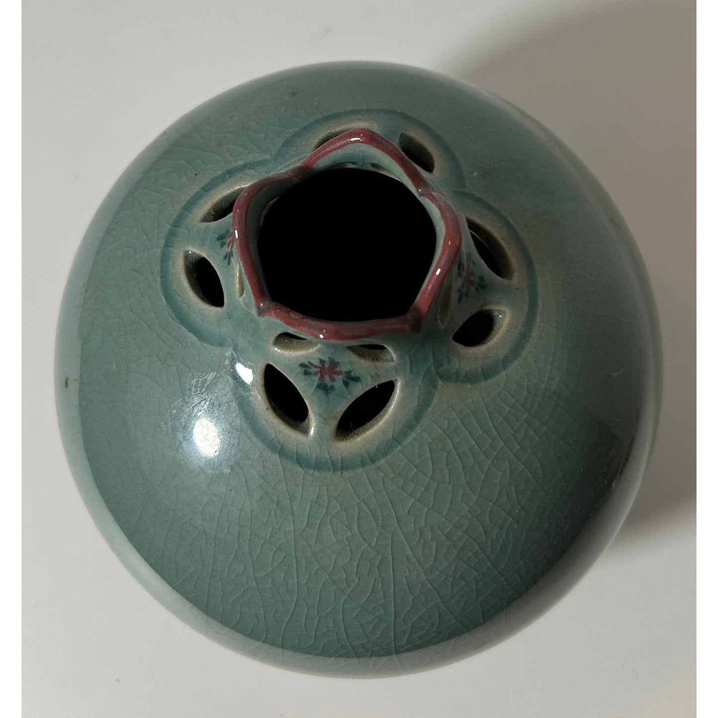 Vintage Japanese Celadon Crackle Glaze Vase with Floral Cutout Design 7"