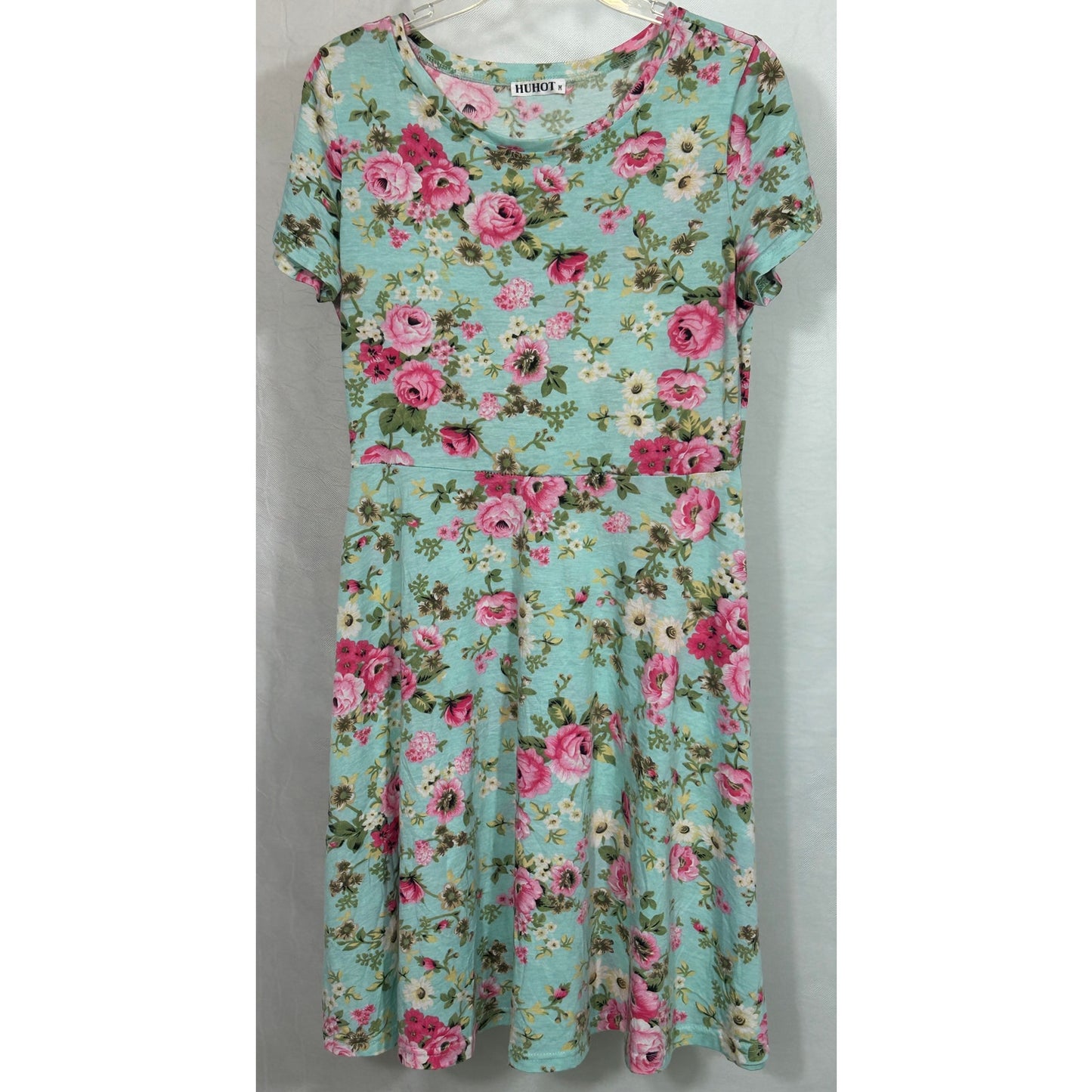 HUHOT Aqua Floral Skater Dress M Fit & Flare Short Sleeve Stretchy Casual