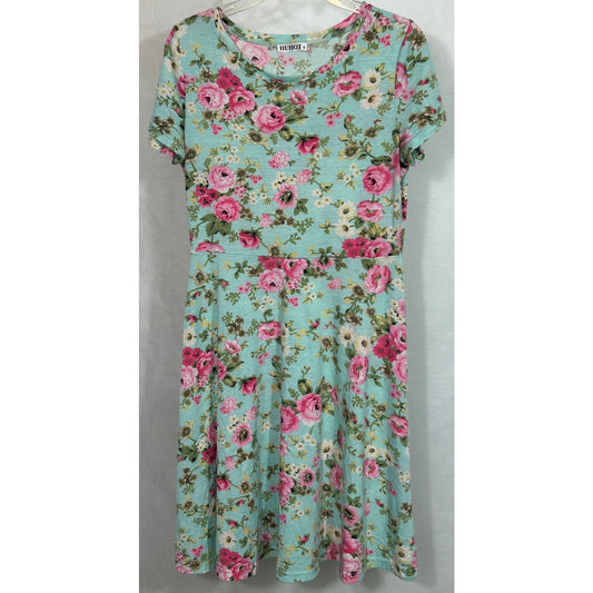 HUHOT Aqua Floral Skater Dress M Fit & Flare Short Sleeve Stretchy Casual