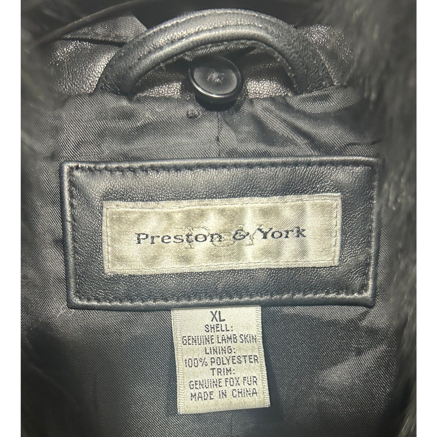 Preston & York Black Lambskin Leather Coat w/ Genuine Fox Fur Collar XL