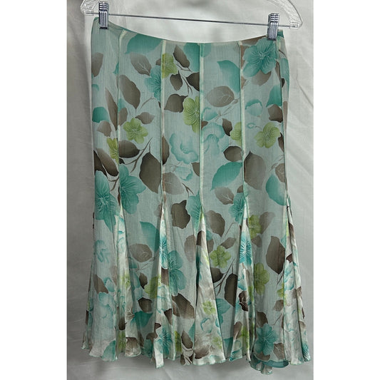 Nine West 100% Silk Floral Midi Skirt Size 14 Aqua Green Brown Pleated