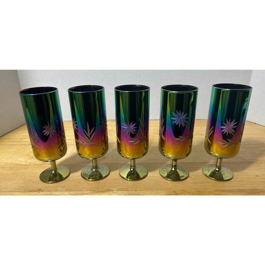 Set of 5 Vintage Iridescent Carnival Glass Goblets, 5" Tall