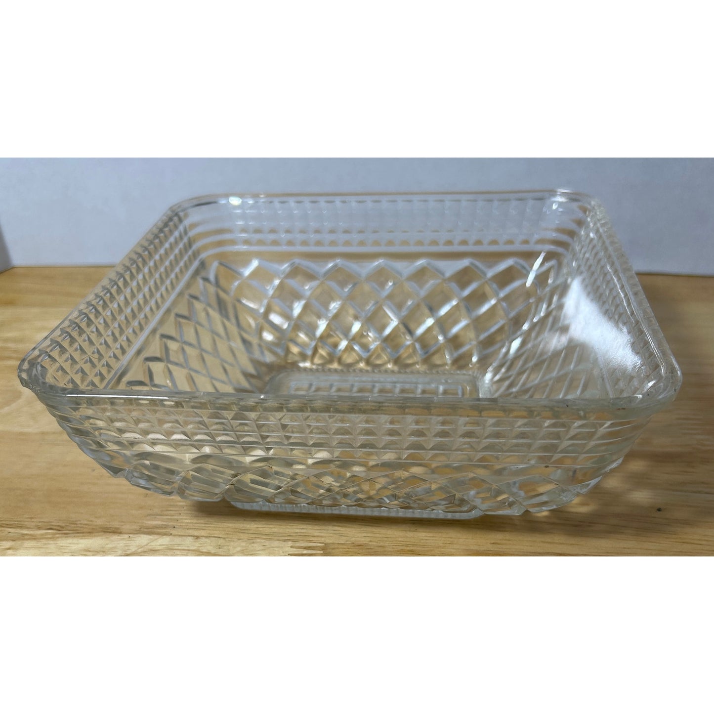 Vintage Square Pressed Glass Bowl 7¾″ Diamond Grid Pattern – Clear Trinket Dish