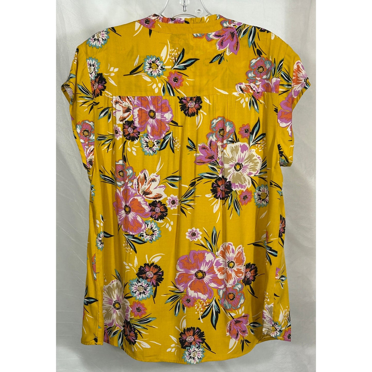 DR2 Yellow Floral Boho Blouse L | Rayon Short Sleeve Button Front Top