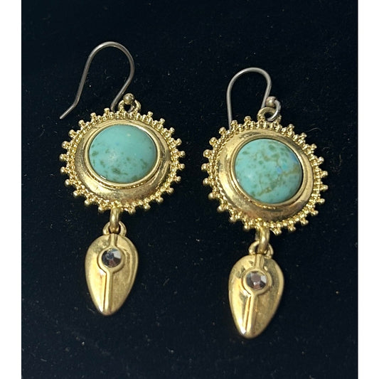 Boho Gold Tone Dangle Earrings with Faux Turquoise and Rhinestone Accent 1.5"