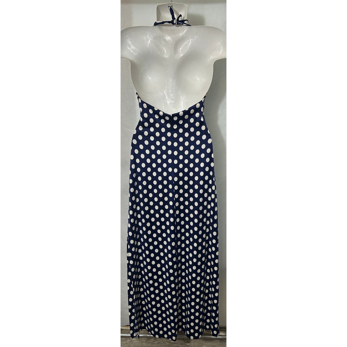 Vintage DeWeese Design Navy Polka Dot Halter Maxi Dress with Collar Size 8/30