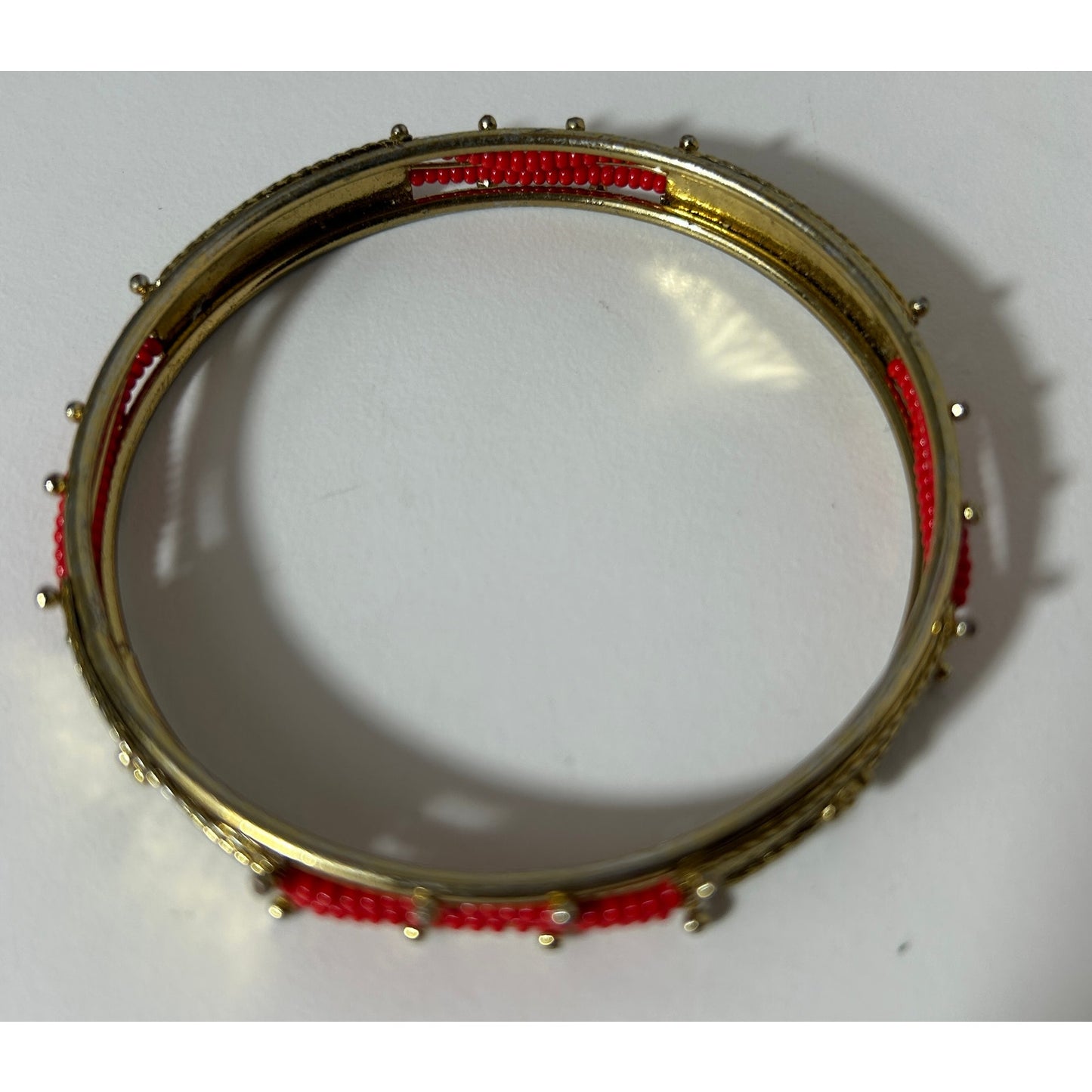 Vintage Red Beaded Gold Tone Bangle Bracelet 8" Boho Jewelry