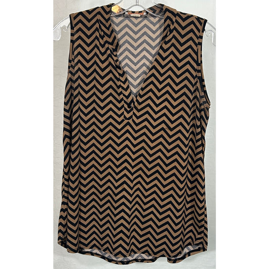Claudia Richard Chevron Print Sleeveless Blouse Black Tan Size L