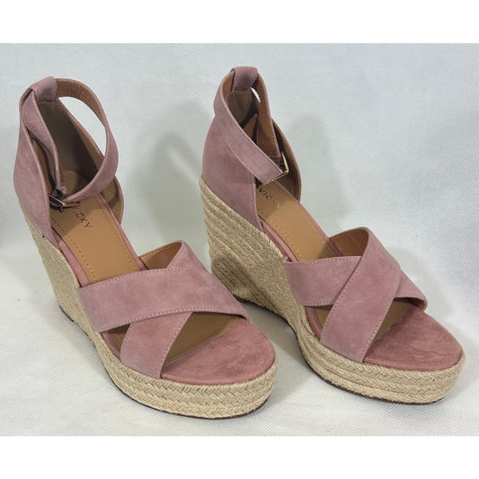 Lisa • Vicky Pink Suede Espadrille Wedges 9 M – High Platform Ankle Strap | NIB