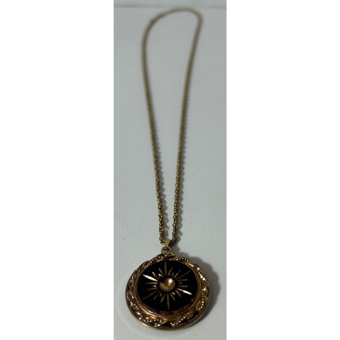 Vintage Black Enamel Starburst Pendant Necklace 24" Gold Tone Chain