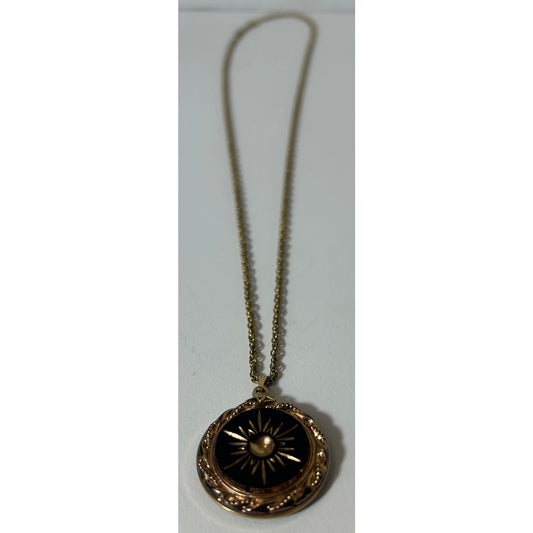 Vintage Black Enamel Starburst Pendant Necklace 24" Gold Tone Chain
