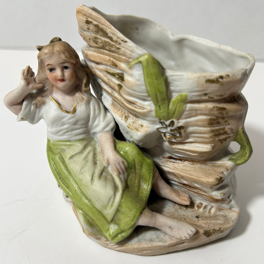 Antique Bisque Porcelain Spill Vase - Seated Girl with Green Dress