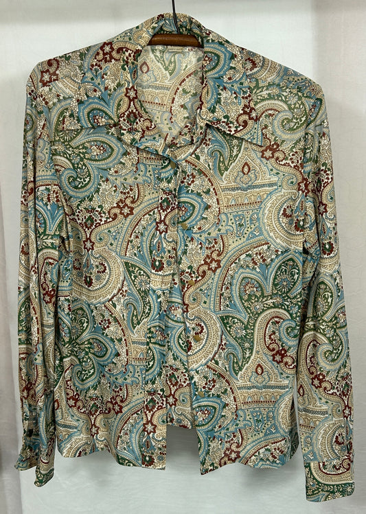Vintage Leslie Fay Paisley Print Button-Up Blouse - 1970s Boho Chic Shirt | Size Medium