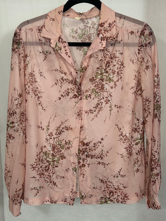 Vintage Sheer Floral Button-Up Blouse – Blush Pink with Botanical Print, Long Sleeve | Size M