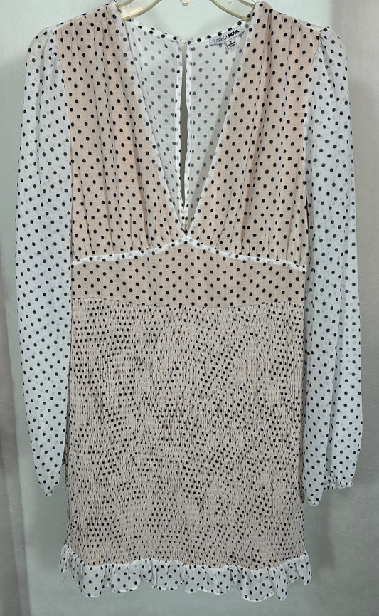 Fashion Nova Polka Dot Smocked Mini Dress – Long Sleeve, Deep V-Neck, Size Small