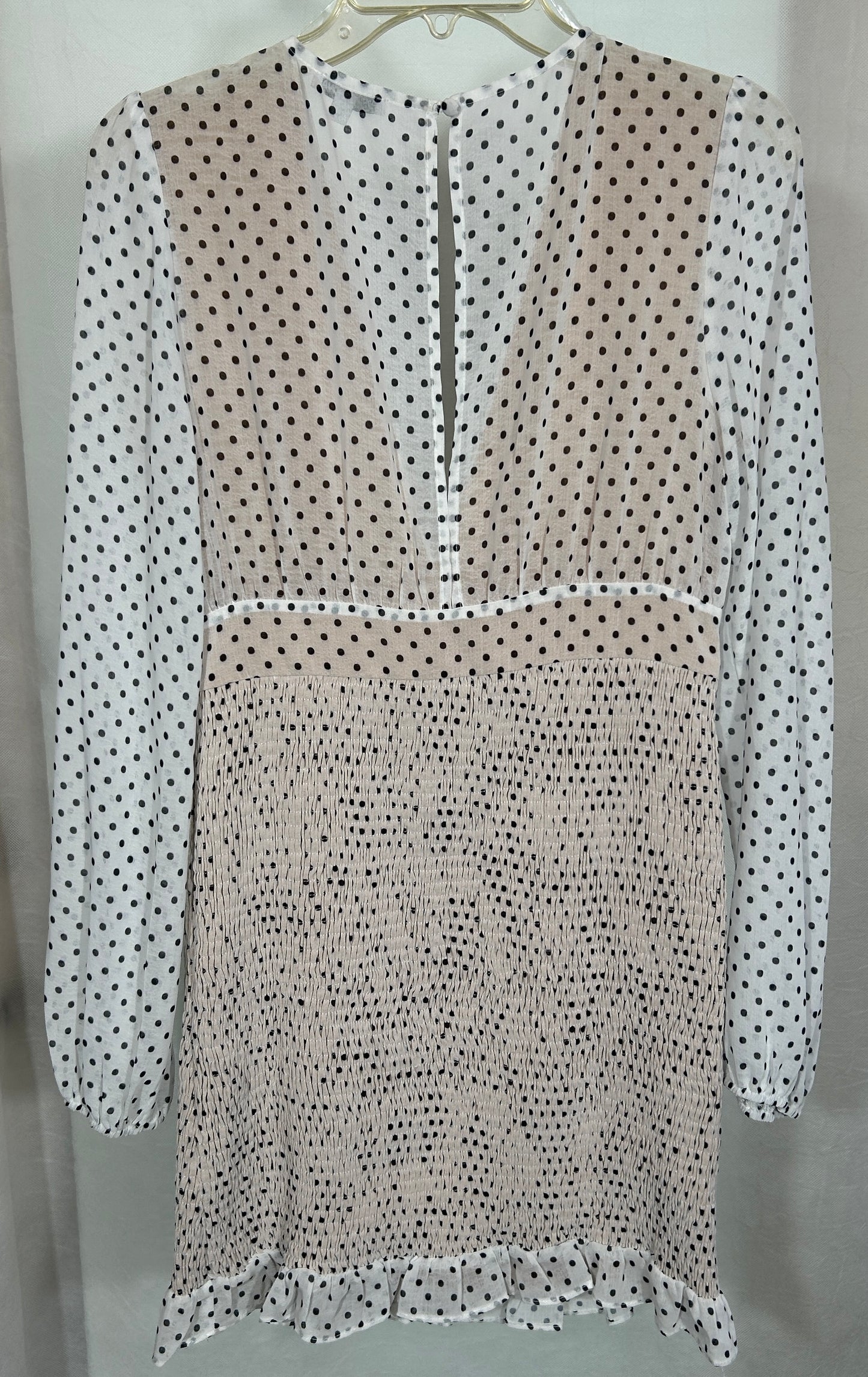 Fashion Nova Polka Dot Smocked Mini Dress – Long Sleeve, Deep V-Neck, Size Small
