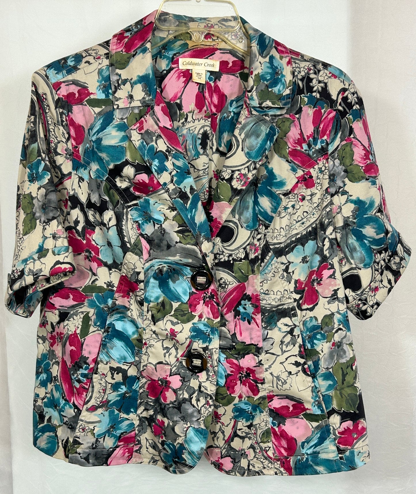 Coldwater Creek Floral Print Blazer - Size 14 - Button Front Short Sleeve Jacket