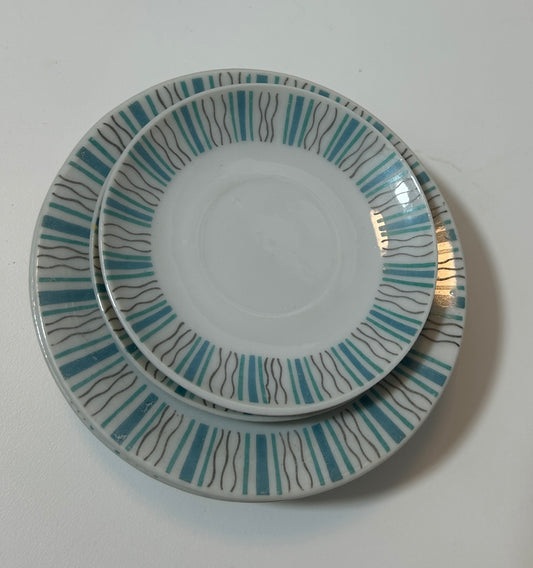 Vintage Mid-Century Modern Atomic Starburst Plates – Set of 6 | Turquoise & Dark Gray Abstract Pattern | Japan