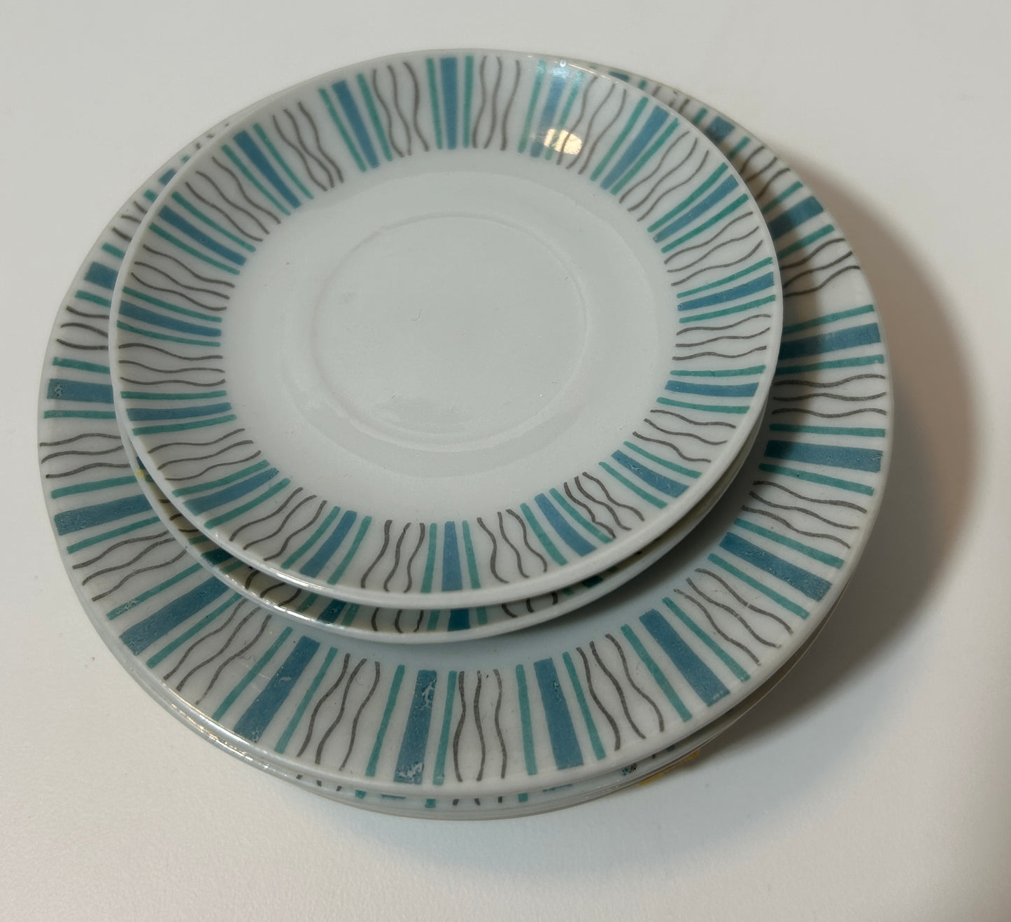 Vintage Mid-Century Modern Atomic Starburst Plates – Set of 6 | Turquoise & Dark Gray Abstract Pattern | Japan