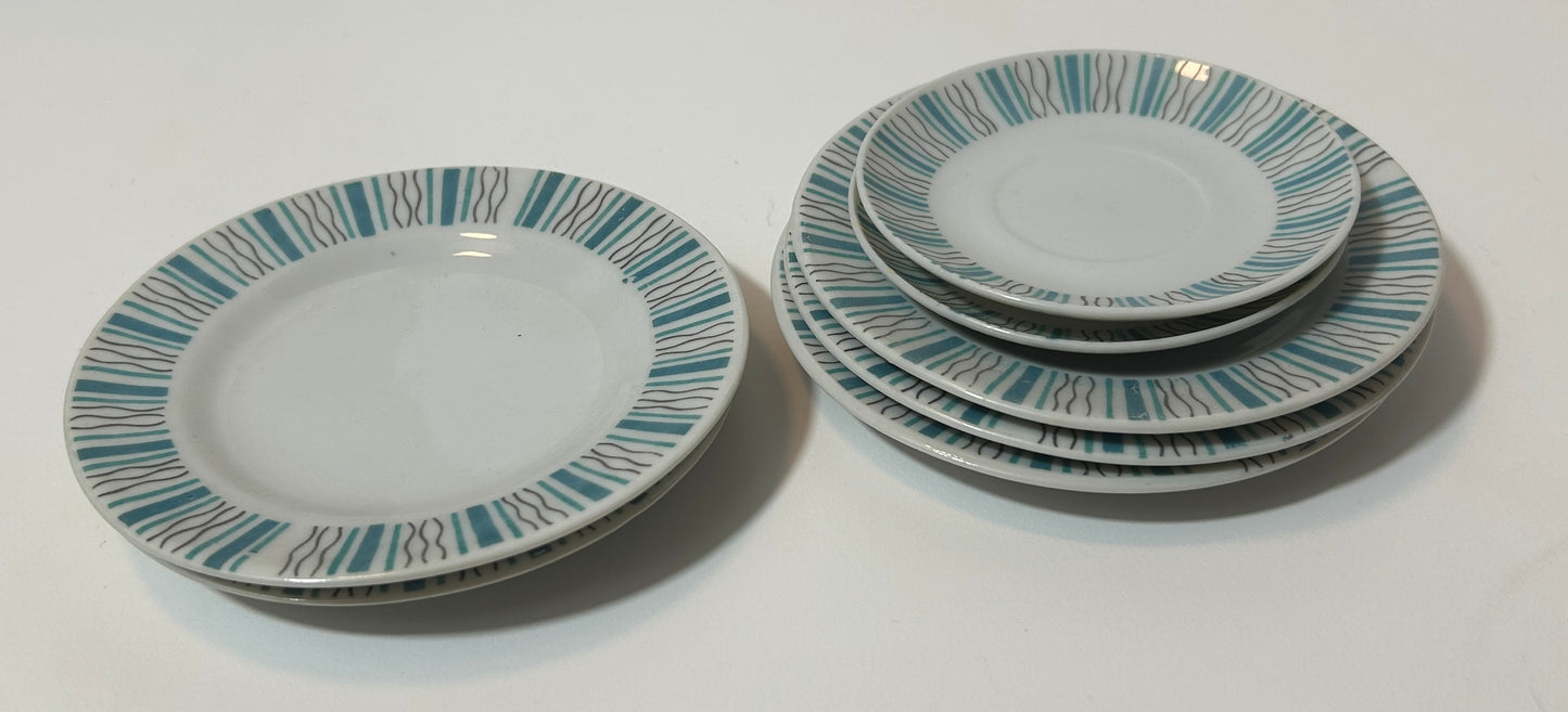 Vintage Mid-Century Modern Atomic Starburst Plates – Set of 6 | Turquoise & Dark Gray Abstract Pattern | Japan