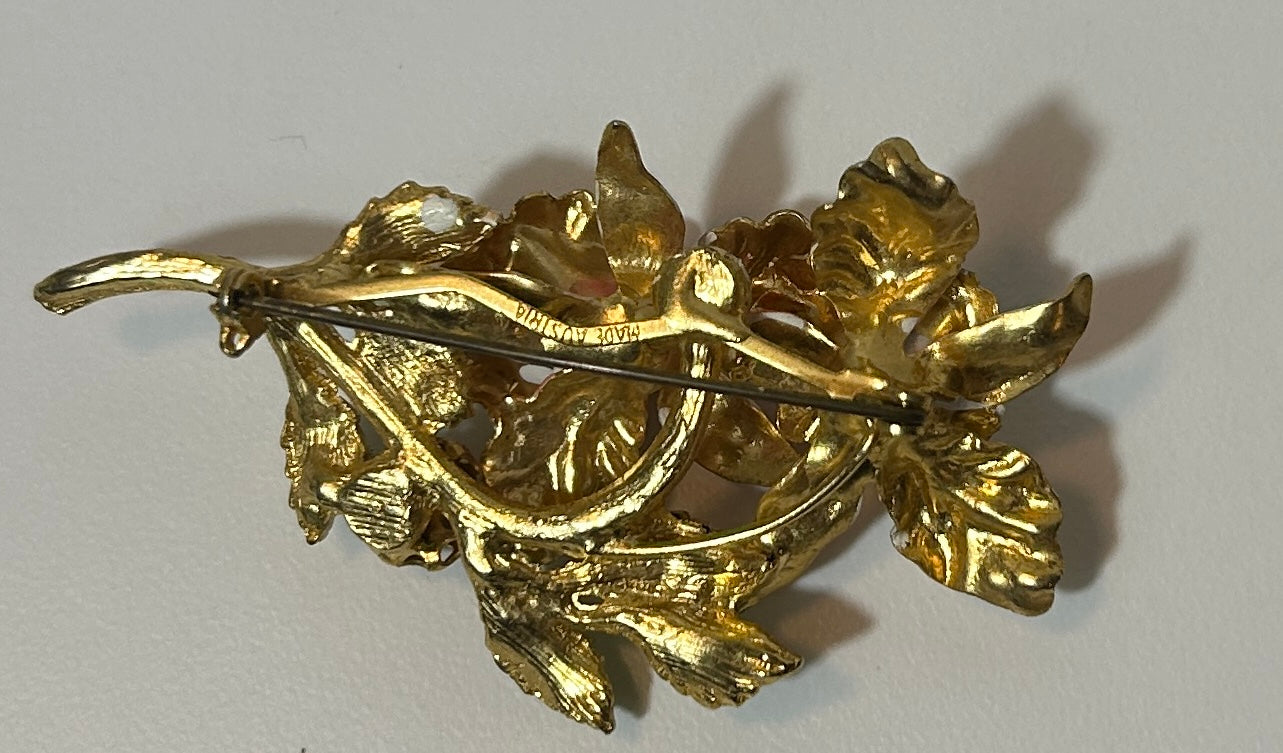 Vintage BSK Enamel Flower Brooch with Red Rhinestones – Gold-Tone Floral Pin, Signed