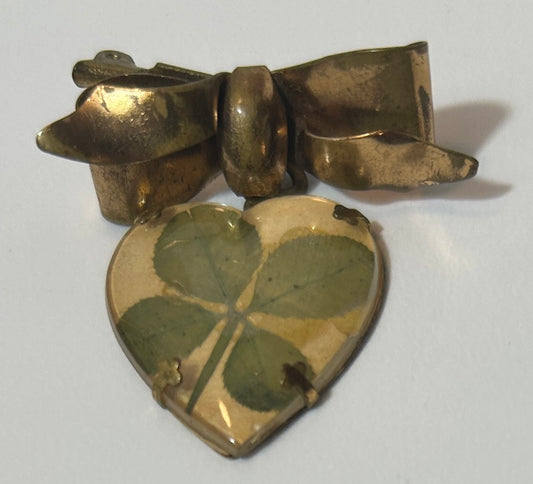 Vintage Brass Four Leaf Clover Heart Locket Brooch with Bow – Good Luck Keepsake Pin