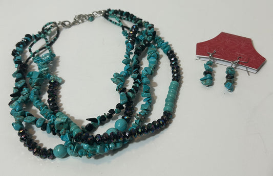 Handmade Multi-Strand Turquoise Chip & Black Faceted Bead Necklace Set with Matching Earrings – Boho Statement Jewelry