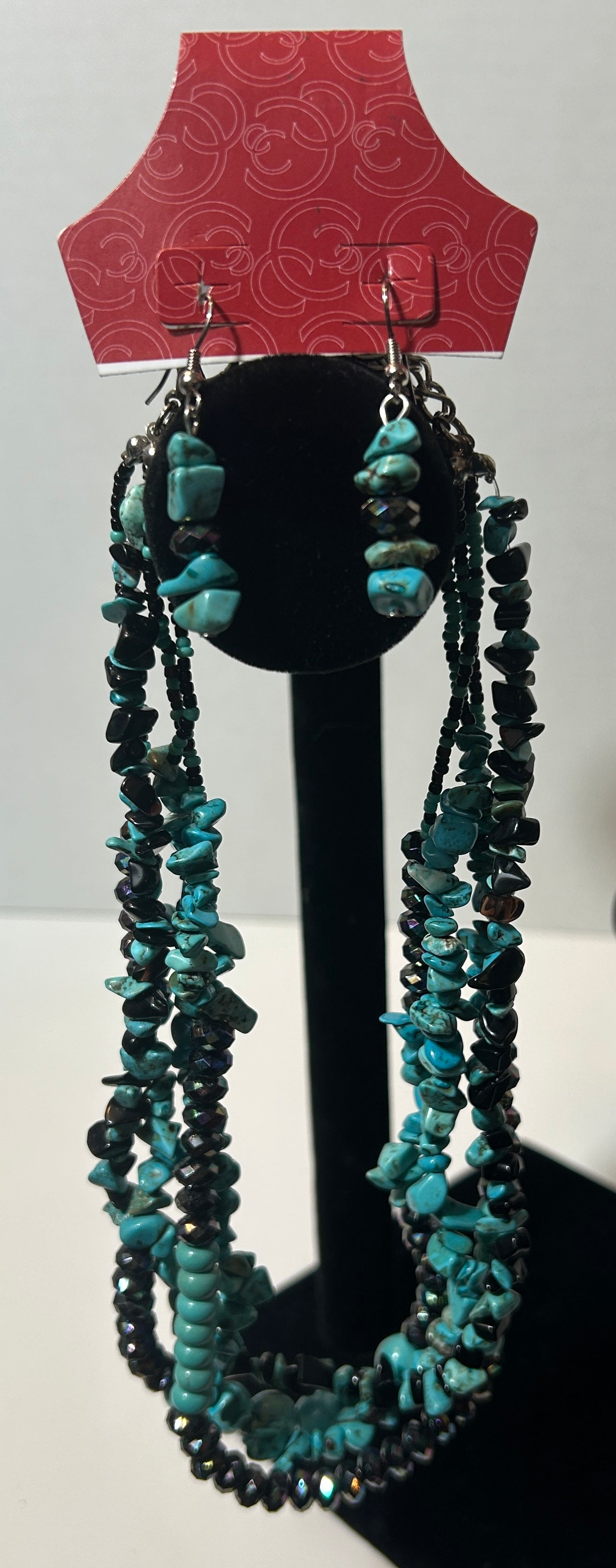 Handmade Multi-Strand Turquoise Chip & Black Faceted Bead Necklace Set with Matching Earrings – Boho Statement Jewelry