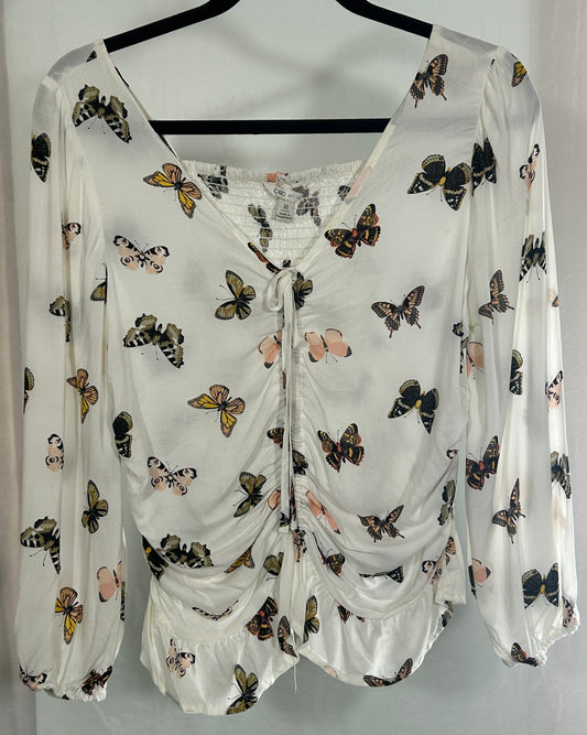 Cato Butterfly Print Ruched Blouse M Ivory Breeze | Long Sleeve Spring Top with Peplum Hem