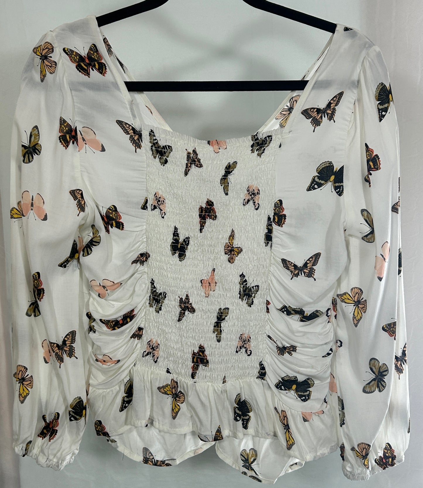 Cato Butterfly Print Ruched Blouse M Ivory Breeze | Long Sleeve Spring Top with Peplum Hem