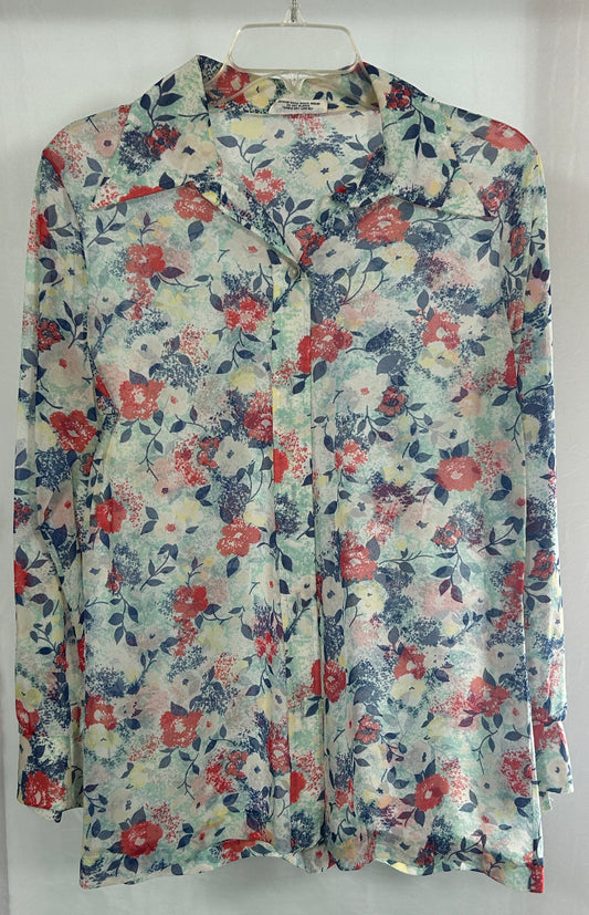 Vintage Alfred Dunner Size 16 Sheer Floral Long Sleeve Blouse – Retro Pastel Watercolor Print