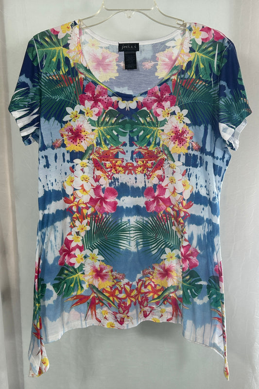 Joei & i Women's Tropical Floral Tie-Dye Rhinestone Embellished T-Shirt Top - Size Large