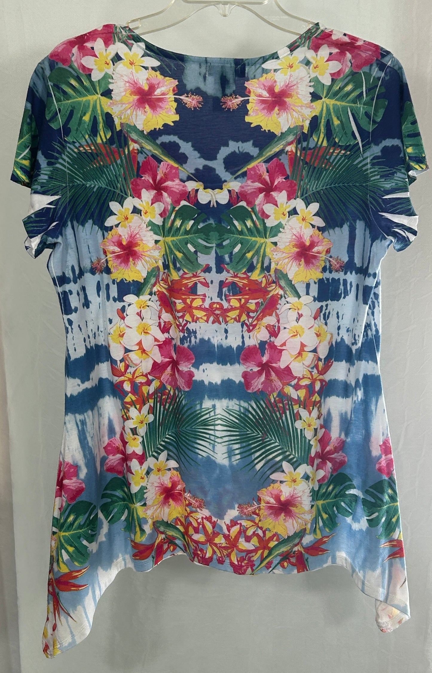 Joei & i Women's Tropical Floral Tie-Dye Rhinestone Embellished T-Shirt Top - Size Large