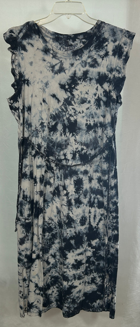 Black & White Tie-Dye Midi Dress with Ruffle Sleeves and Adjustable Waist – Size Large (12-14)