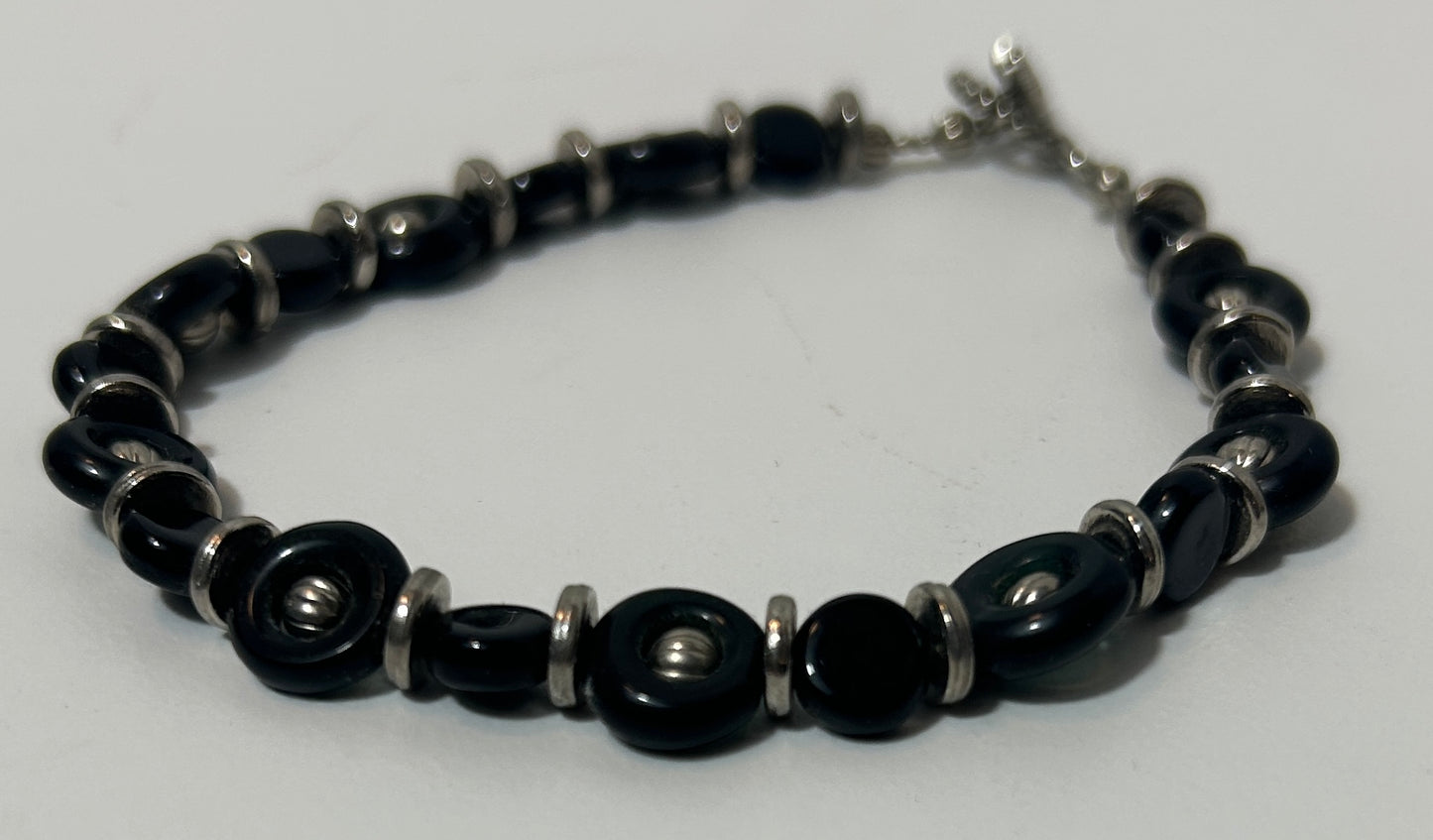 Handmade Black Glass Bead and Silver-Tone Toggle Clasp Bracelet – Modern Minimalist Jewelry
