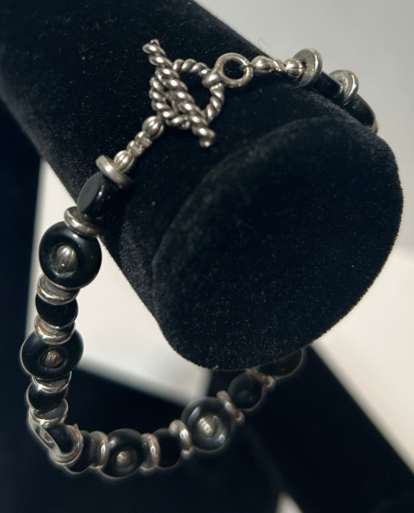 Handmade Black Glass Bead and Silver-Tone Toggle Clasp Bracelet – Modern Minimalist Jewelry