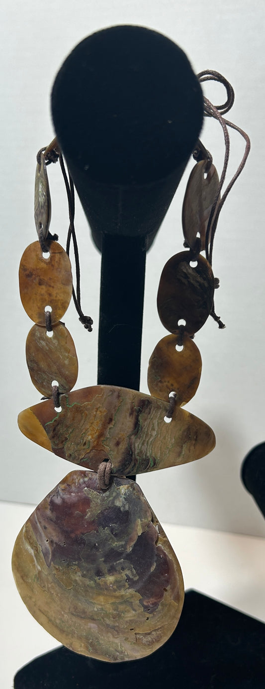 Vintage Statement Necklace Made of Natural Polished Shells on Brown Cord – Earthy Boho Jewelry
