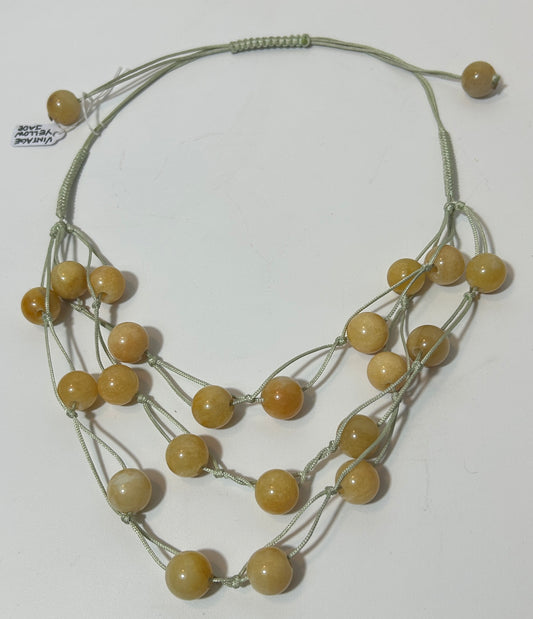 Vintage Multi-Strand Yellow Jade Bead Necklace on Adjustable Green Cord