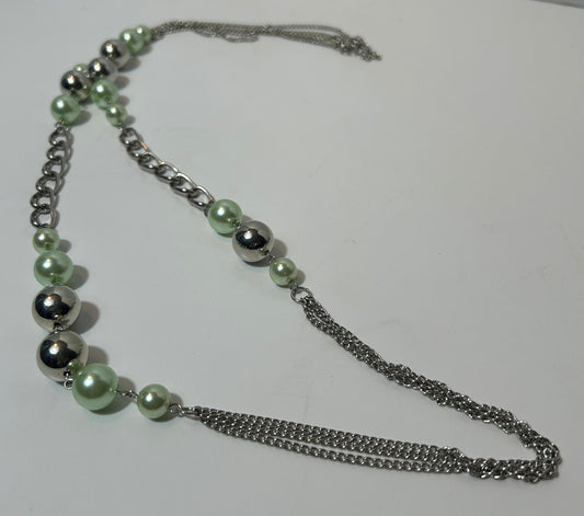 Vintage Green Faux Pearl and Silver Bead Multi-Strand Statement Necklace – Chunky Chain Link & Bead Accent