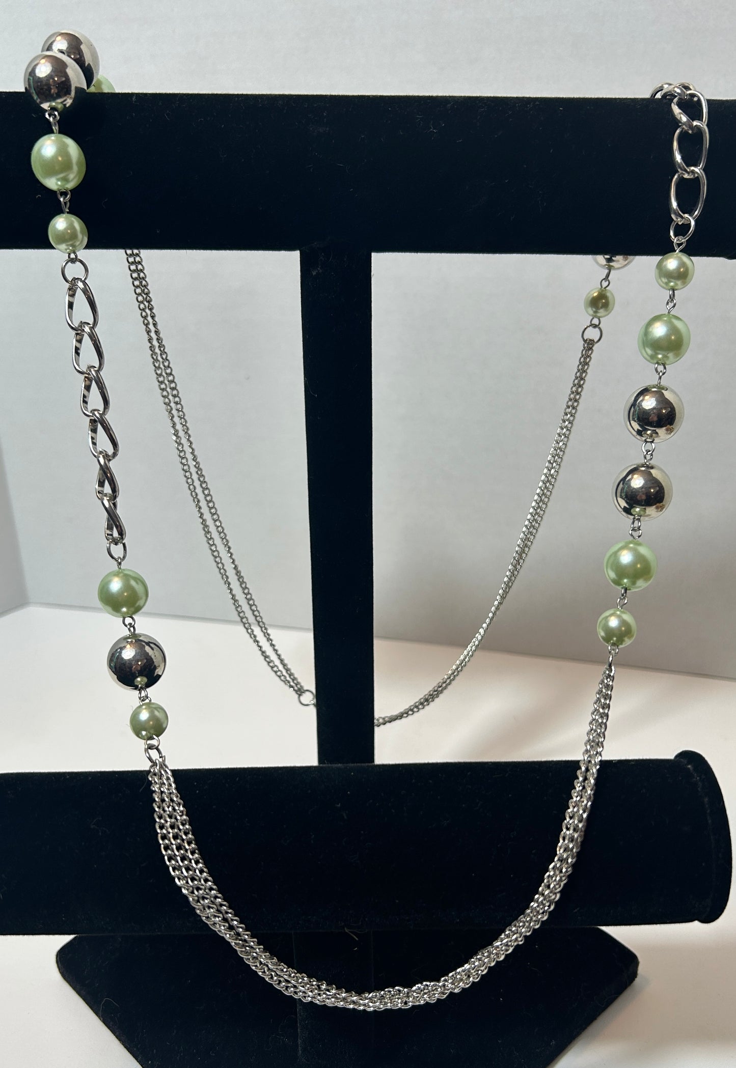 Vintage Green Faux Pearl and Silver Bead Multi-Strand Statement Necklace – Chunky Chain Link & Bead Accent