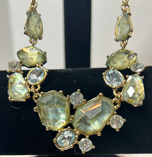 Statement Bib Necklace with Irregular Faceted Green Glass and Clear Crystal Accents – Gold-Tone Chain