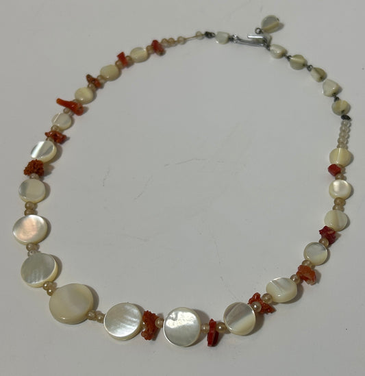 Vintage Mother of Pearl and Red Coral Chip Necklace – Natural Shell Beads, Boho Coastal Jewelry