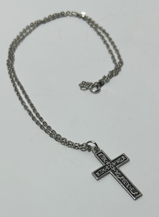 Vintage Silver Tone Cross Pendant Necklace with Ornate Starburst Design - Unisex Christian Religious Jewelry