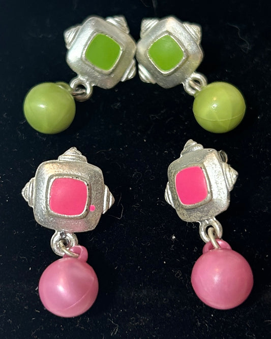 Vintage 1980s Mod Earrings – Pink and Green Geometric Dangle Pairs