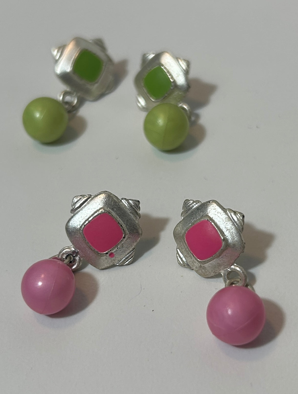 Vintage 1980s Mod Earrings – Pink and Green Geometric Dangle Pairs