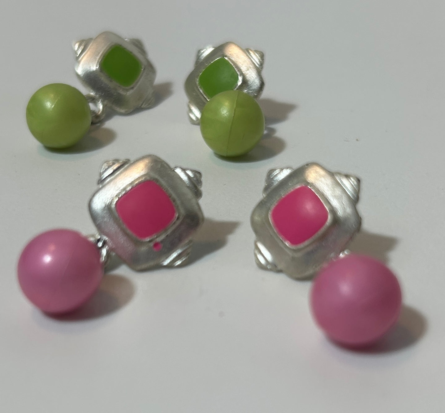 Vintage 1980s Mod Earrings – Pink and Green Geometric Dangle Pairs