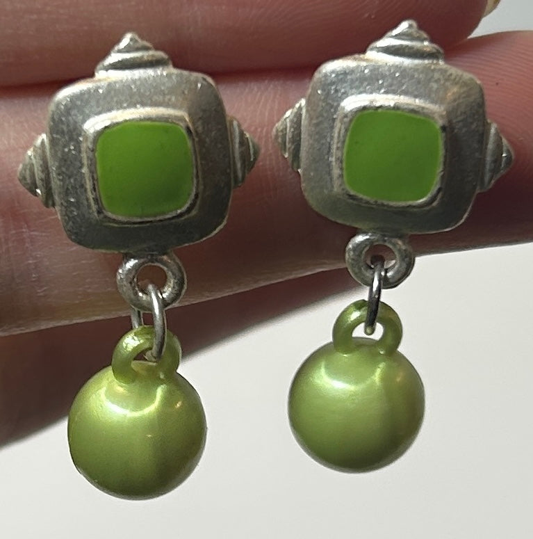Vintage 1980s Mod Earrings – Pink and Green Geometric Dangle Pairs