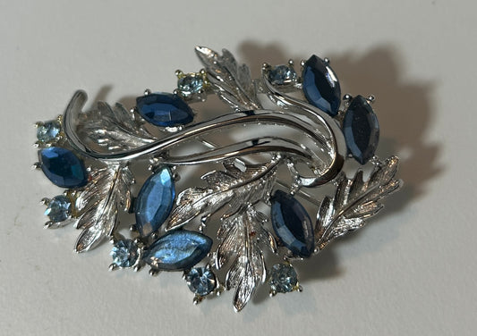 Vintage Silver Tone Leaf and Sapphire Blue Rhinestone Brooch Pin