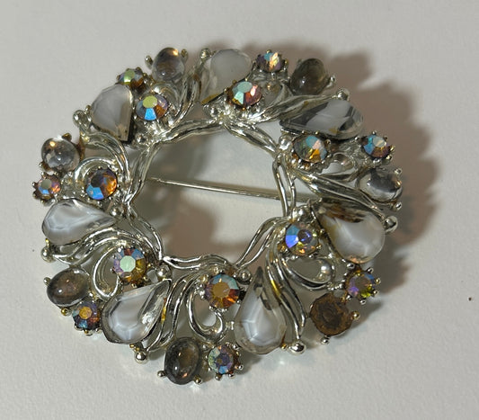 Vintage Silver-Tone Round Wreath Brooch with White and Aurora Borealis Stones